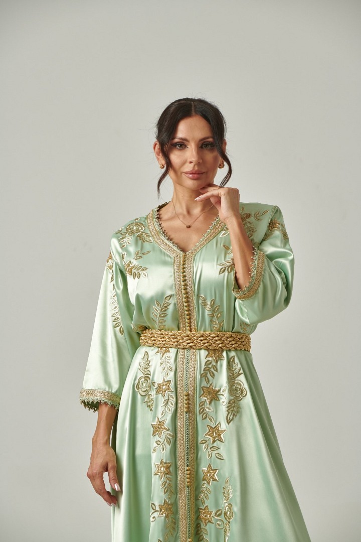 Light Green & Gold Kaftan - Hadiaty Maroccan Dresses - The Bahrain Life Light Green & Gold Kaftan - Hadiaty Maroccan Dresses - The Bahrain Life